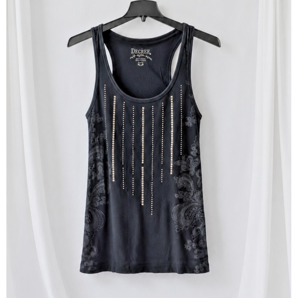 Decree Studded Racerback Tank Top XL Black Ribbed Paisley Graphic Y2K Gothic